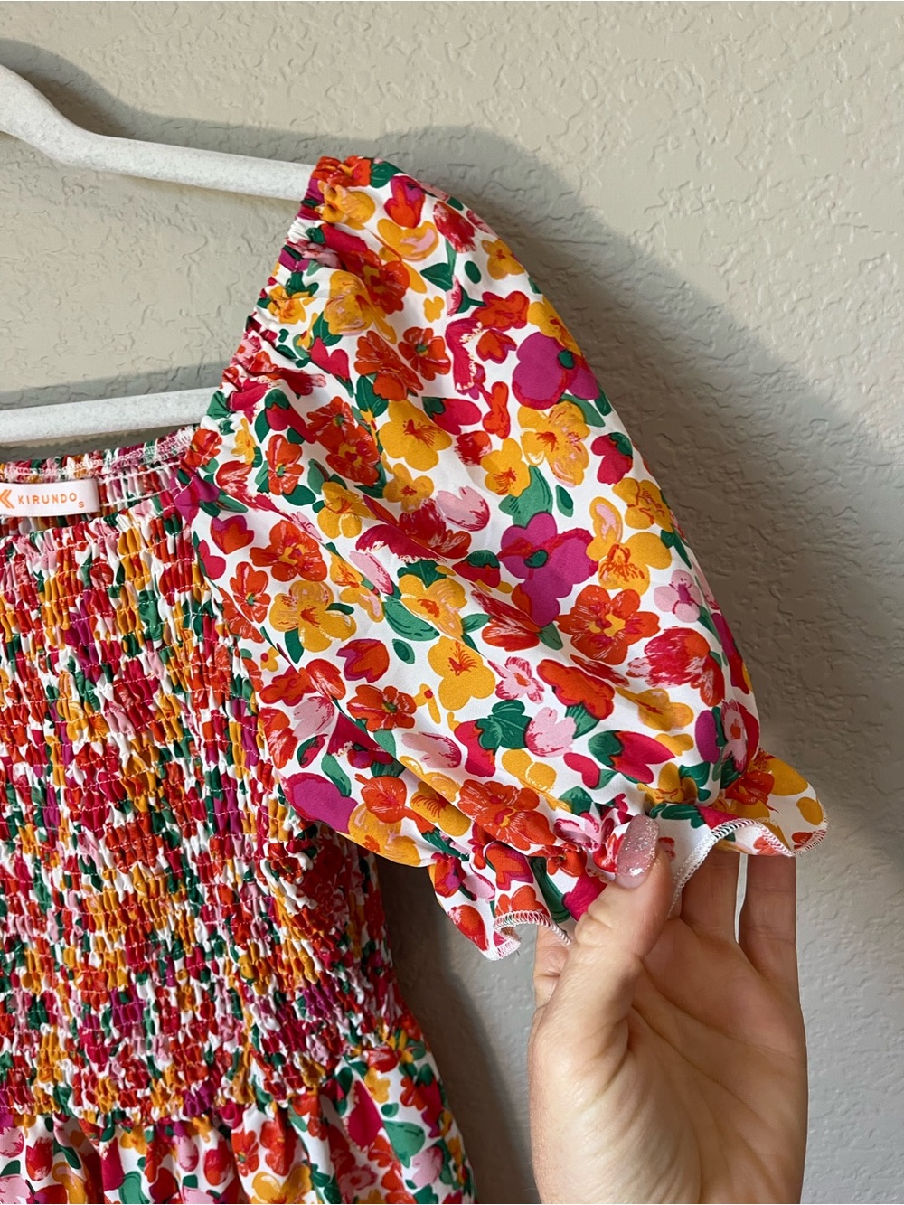 Kirundo Floral Smocked Mini Dress Small Puff Sleeve Tiered Cottagecore Spring - Picture 2 of 10